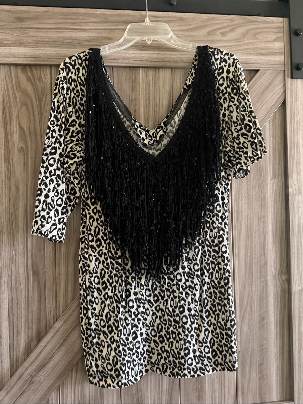Leopard Print Fringe V-Neck Tunic - Black & Cream